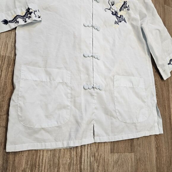 Vtg Chinese Kimono Top Womens L Blue Embroidered Dragons Pockets Short Sleeve - Picture 5 of 10